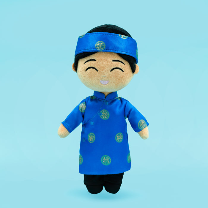 Minh Vietnamese cultural mini doll wearing a blue áo dài and a matching khăn đóng.