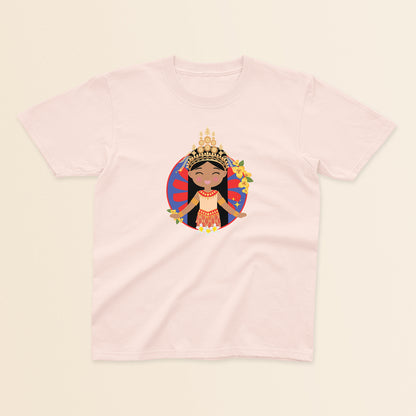 Cambodian Cultural Celebration baby and kids tee in light pink featuring a smiling girl wearing a sampot and a mokot ksatrey crown, set against a red and blue circular background with champei flowers.
