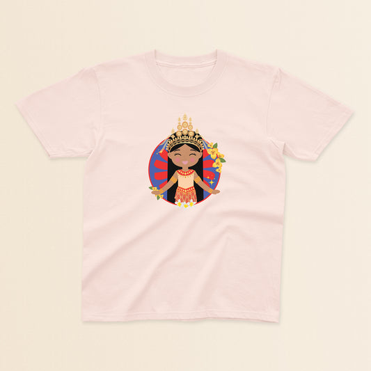 Cambodian Cultural Celebration baby and kids tee in light pink featuring a smiling girl wearing a sampot and a mokot ksatrey crown, set against a red and blue circular background with champei flowers.