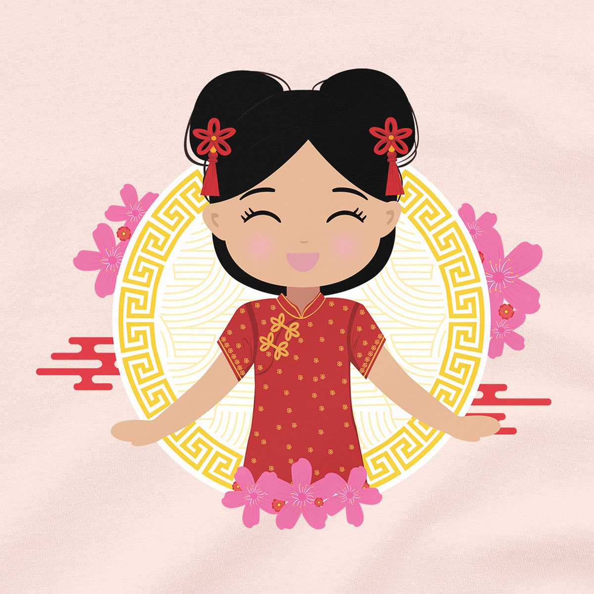 Close-up of Chinese Cultural Celebration baby and kids tee showing a smiling girl in a red and gold qipao with double buns, red hair accessories, and pink floral details on a circular gold background.
