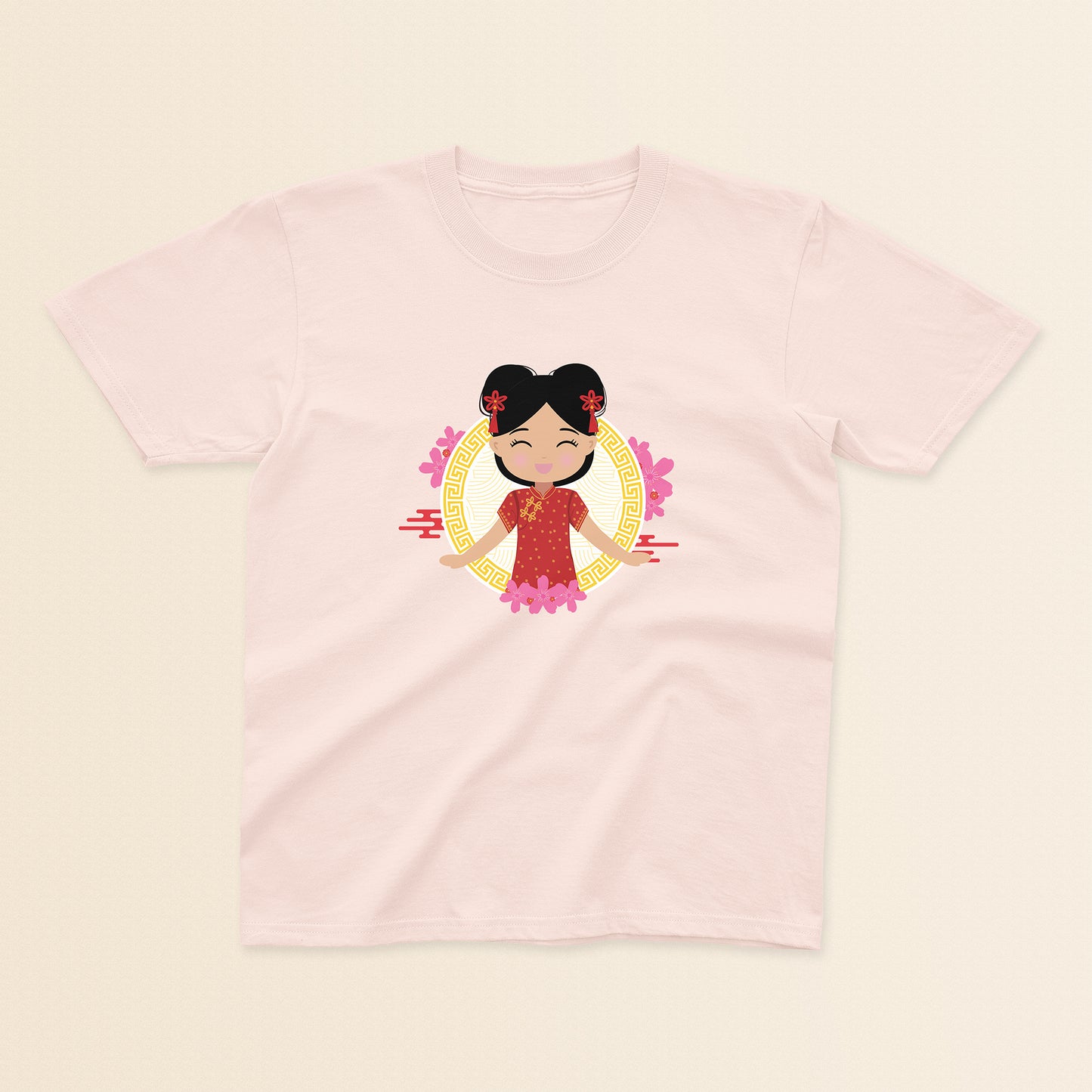 Chinese Cultural Celebration baby and kids tee in light pink featuring a smiling girl with black hair styled in double buns and red accessories, wearing a red and gold qipao, set against a circular gold pattern with pink floral details.