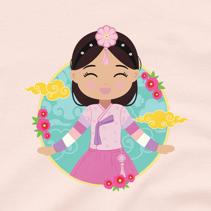 Close-up of the Korean Cultural Celebration design showing a smiling girl with long hair adorned with a daenggi ribbon and a jokduri headpiece, wearing a pink hanbok with a norigae ornament, with floral elements and traditional patterns.
