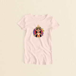 Cambodian Cultural Celebration women’s tee in light pink featuring a smiling girl wearing a sampot and a mokot ksatrey crown set against a circular red and blue radiating pattern (sunburst) adorned with champei flowers and yellow flowers.