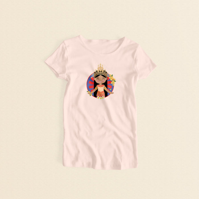 Cambodian Cultural Celebration women’s tee in light pink featuring a smiling girl wearing a sampot and a mokot ksatrey crown set against a circular red and blue radiating pattern (sunburst) adorned with champei flowers and yellow flowers.