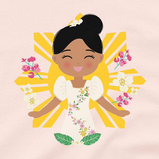 Close-up of Filipina Cultural Celebration women’s t-shirt showing a smiling girl in a floral Filipiniana dress with puff sleeves, hair in a bun, with a yellow sun and floral background.