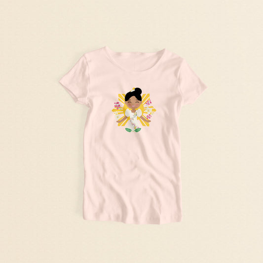 Filipina Cultural Celebration women’s t-shirt in light pink with a graphic of a smiling girl wearing a floral Filipiniana dress, with hair in a bun, set against a yellow sun and floral elements.