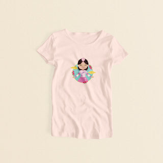 Korean Cultural Celebration women’s t-shirt in light pink with a graphic of a smiling girl with long hair adorned with a daenggi ribbon and a jokduri headpiece, wearing a pink hanbok with a norigae ornament, set against a circular background with floral elements and traditional patterns.