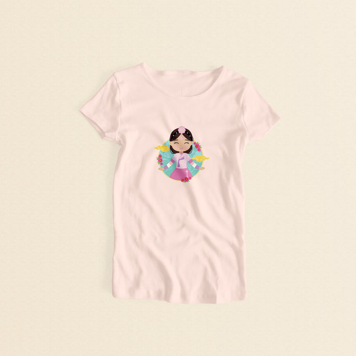 Korean Cultural Celebration women’s t-shirt in light pink with a graphic of a smiling girl with long hair adorned with a daenggi ribbon and a jokduri headpiece, wearing a pink hanbok with a norigae ornament, set against a circular background with floral elements and traditional patterns.