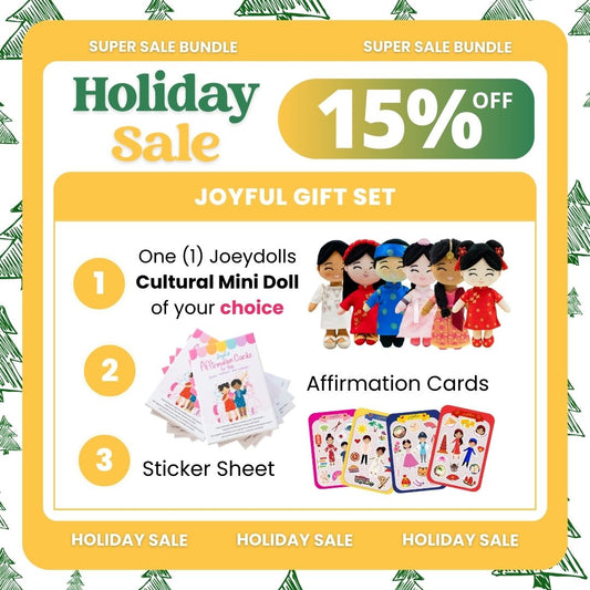 Joyful gift set with promotional text on a festive background.