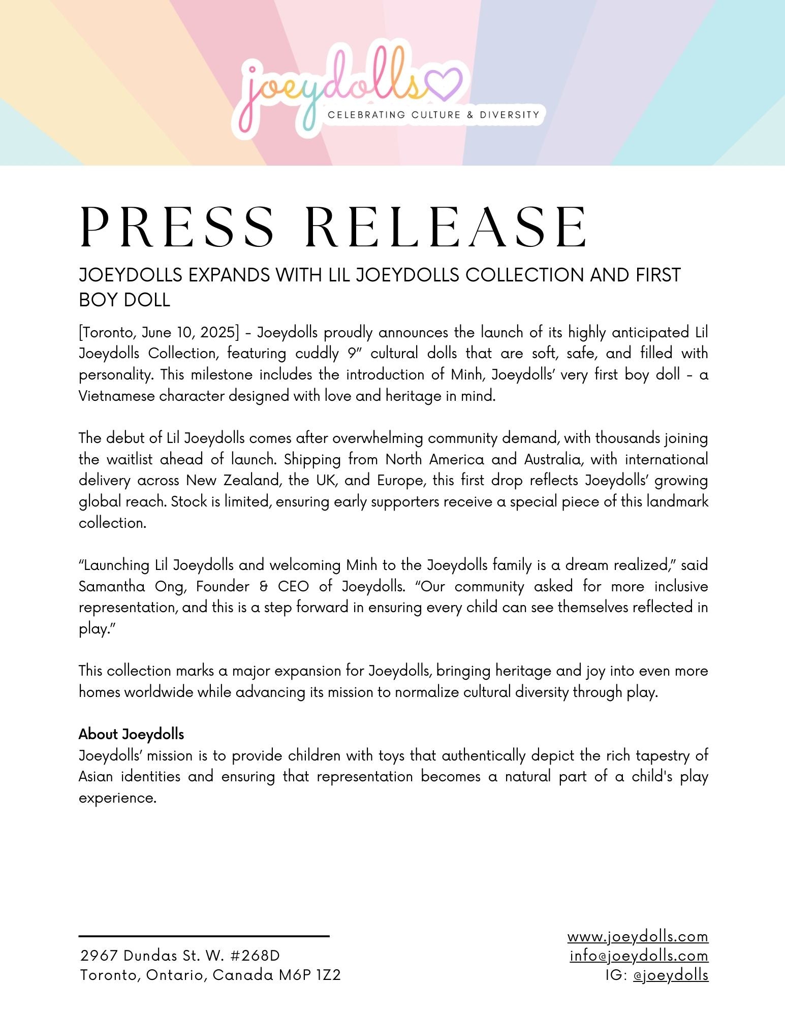 Press release for Joeydolls expanding their collection with a new boy doll and character.