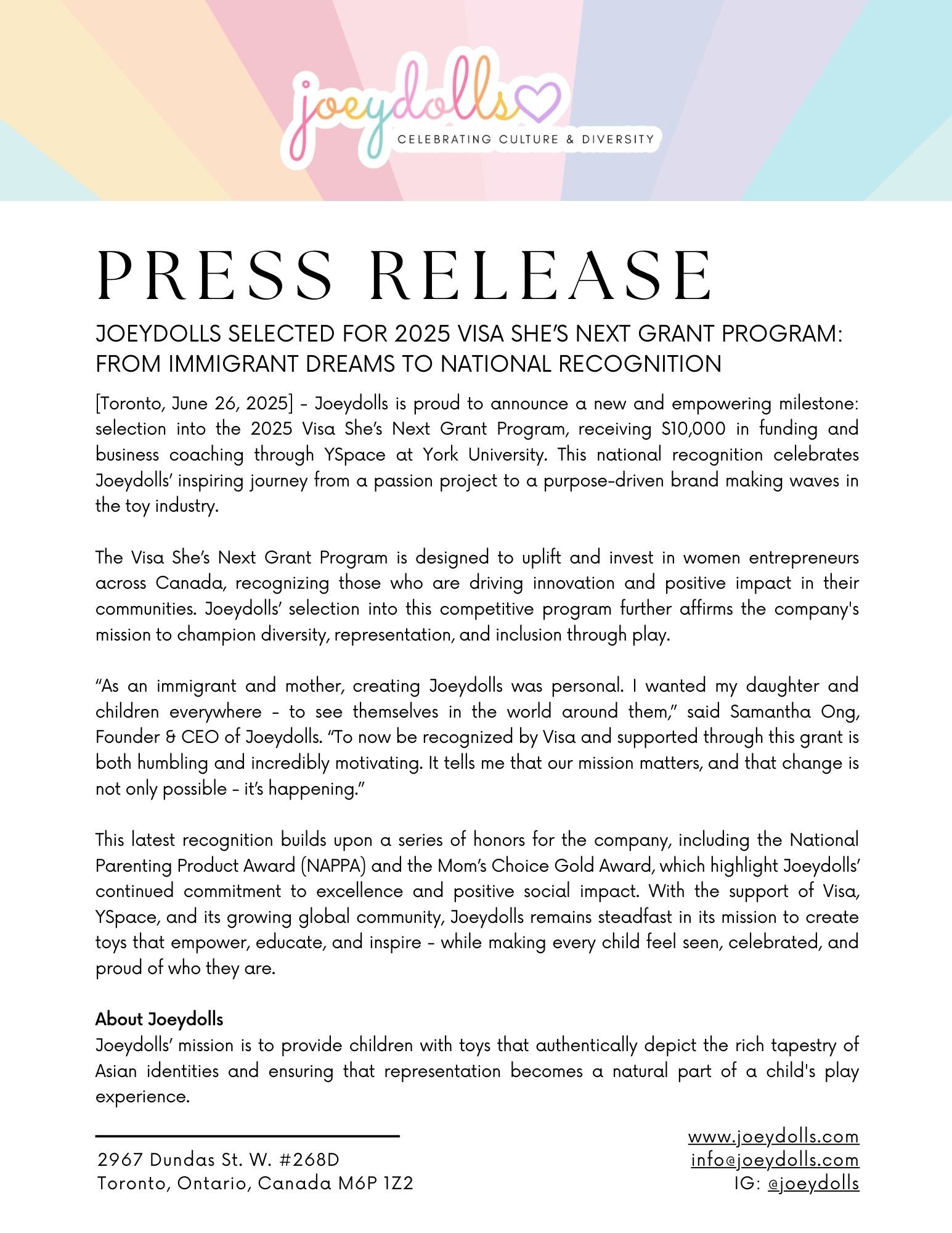 Press release for Joeydolls selected for 2025 Visa She's Next Grant Program with colorful border.