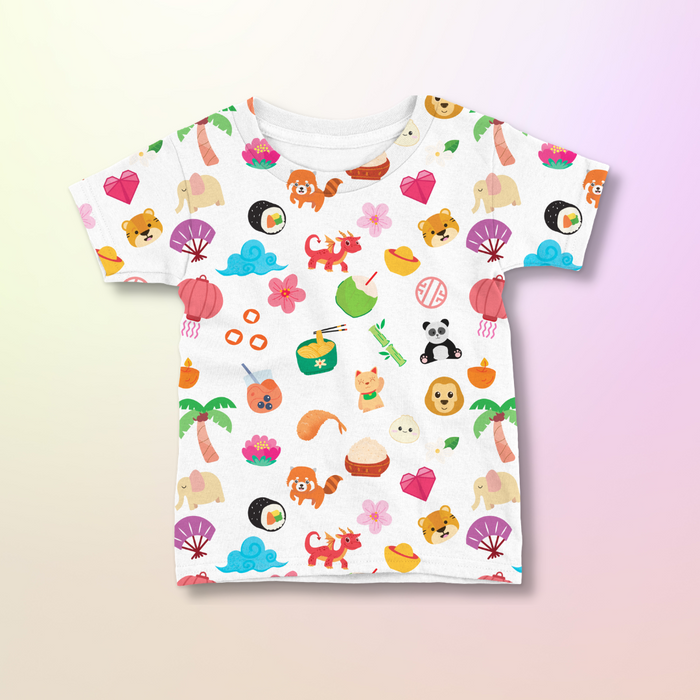 Asian Treasures baby and kids t-shirt featuring colorful Asian-inspired icons including animals, food, and cultural elements.