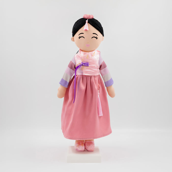 Joeydolls Danbi Korean cultural doll wearing a traditional pink hanbok and jokduri.
