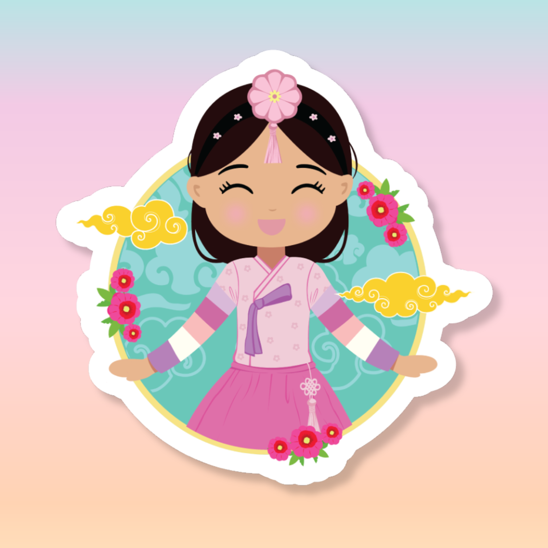 Korean Cultural Celebration die-cut sticker featuring a smiling girl with long hair adorned with a daenggi ribbon and a jokduri headpiece, wearing an elegant pink hanbok with intricate detailing and a norigae ornament, set against a circular background with floral elements and traditional patterns.