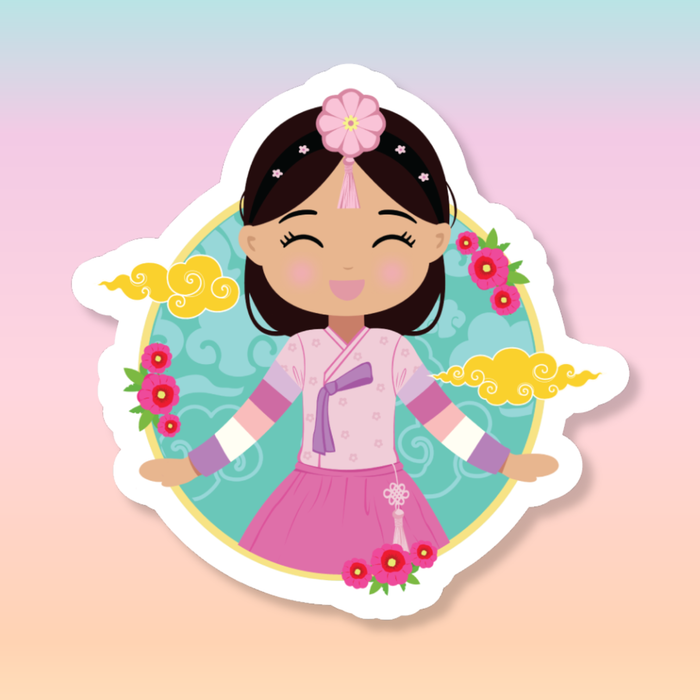 Korean Cultural Celebration die-cut sticker featuring a smiling girl with long hair adorned with a daenggi ribbon and a jokduri headpiece, wearing an elegant pink hanbok with intricate detailing and a norigae ornament, set against a circular background with floral elements and traditional patterns.