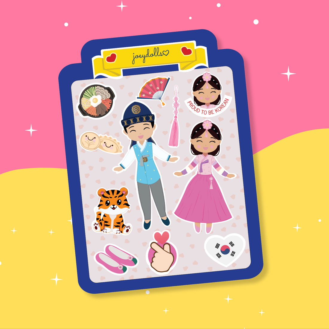 Korean Cultural sticker sheet featuring a girl wearing a pink hanbok and a boy wearing a blue hanbok, along with Korean cultural elements such as traditional fans, food, a tiger, hanbok accessories, and other festive icons, illustrated in a cute and playful style.