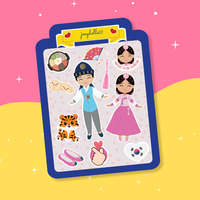 Korean Cultural sticker sheet featuring a girl wearing a pink hanbok and a boy wearing a blue hanbok, along with Korean cultural elements such as traditional fans, food, a tiger, hanbok accessories, and other festive icons, illustrated in a cute and playful style.
