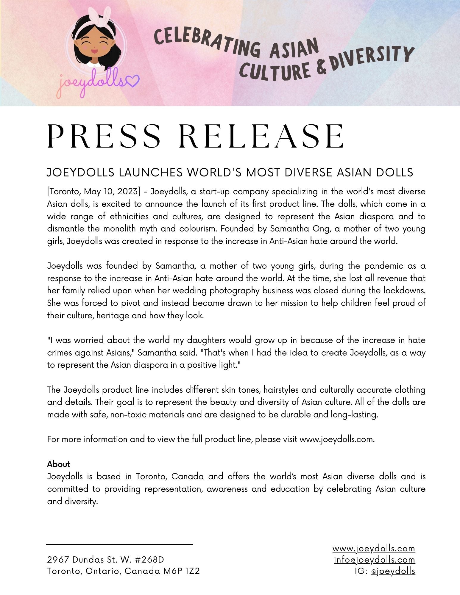 Press release about Joeydolls launching world's most diverse Asian dolls with colorful design elements.