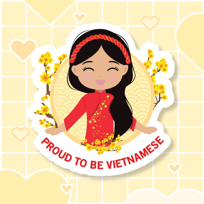 Proud to Be Vietnamese die-cut sticker featuring a smiling girl with long black hair, wearing a red áo dài with delicate yellow floral details and a braided red khăn đóng headpiece, set against a circular seigaiha wave pattern background framed by yellow mai flower branches, with “Proud to Be Vietnamese” text below.