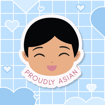 Proudly Asian Boy die-cut sticker featuring a smiling young boy’s face with short black hair, with “PROUDLY ASIAN” text below.