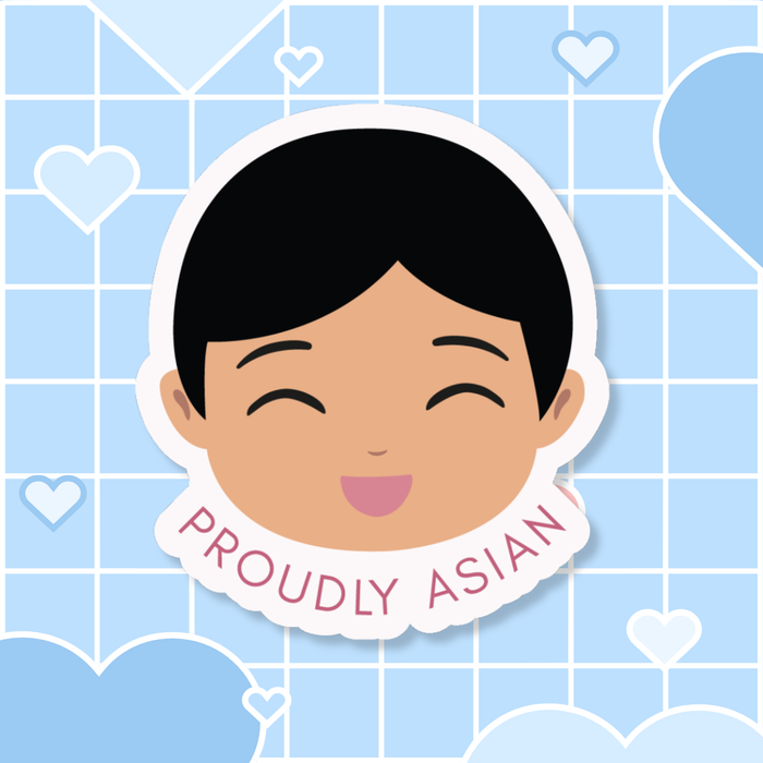 Proudly Asian Boy die-cut sticker featuring a smiling young boy’s face with short black hair, with “PROUDLY ASIAN” text below.