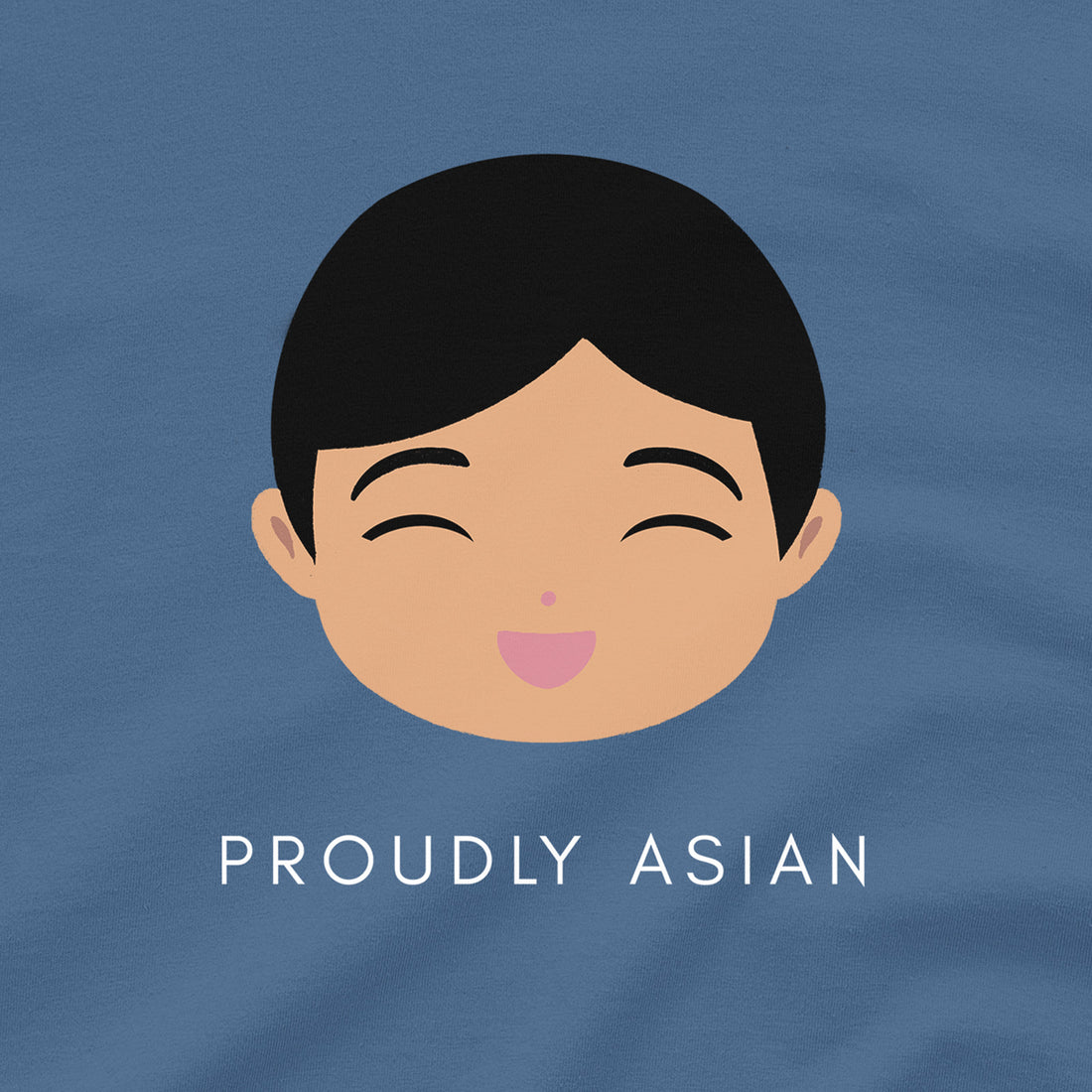 Close-up of the Proudly Asian Boy design showing a smiling boy’s face with short black hair, with “Proudly Asian” text below.