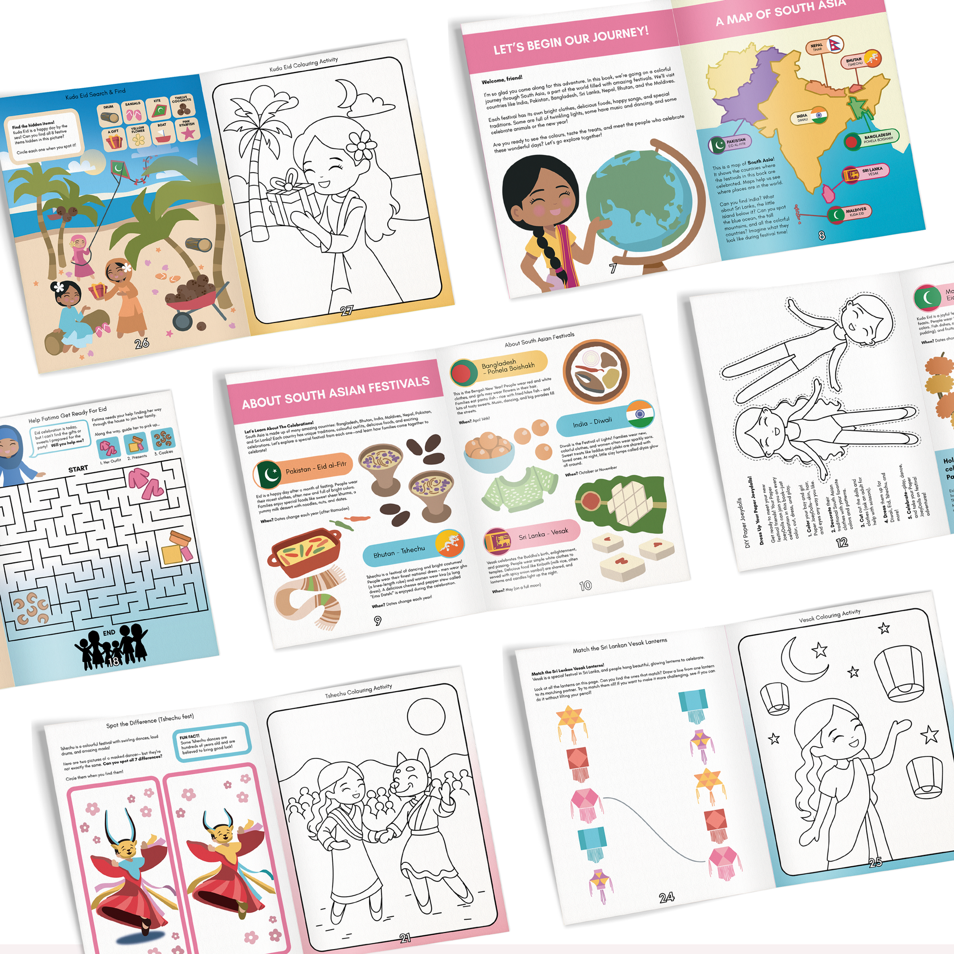 Inside pages of Celebrate Together activity book with colouring and games