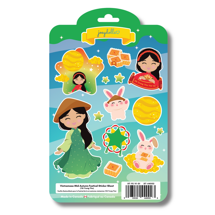 Vietnamese Mid-Autumn Festival (Tết Trung Thu) sticker sheet featuring a girl wearing a traditional áo dài, along with festive elements such as star lanterns, mooncakes, rabbits, the harvest moon, and traditional toys, illustrated in a cute and playful style.