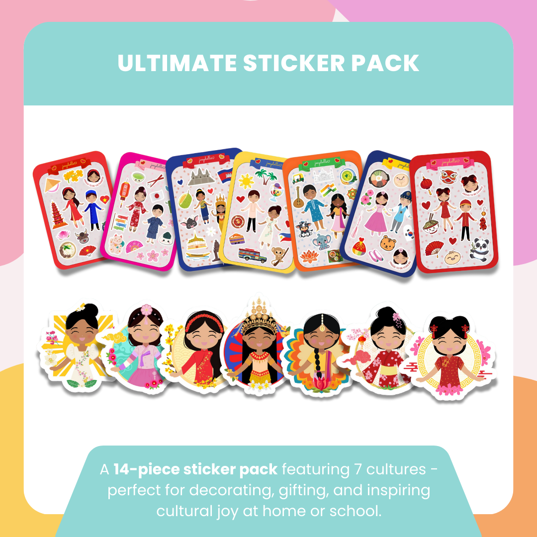 Ultimate Sticker Pack featuring 14 stickers with diverse cultural characters and designs from multiple Asian traditions