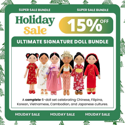 Ultimate signature doll bundle with promotional text on a festive background.