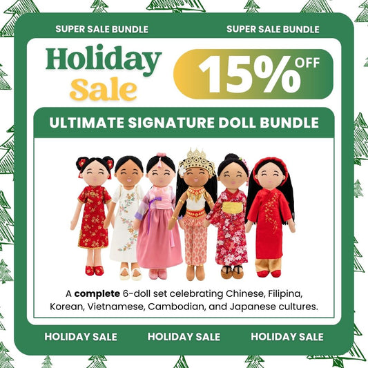 Ultimate signature doll bundle with promotional text on a festive background.