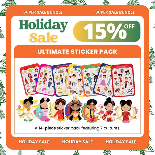 Ultimate sticker pack with promotional text on a festive background.