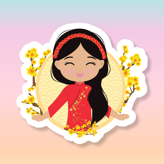 Vietnamese Cultural Celebration die-cut sticker featuring a smiling girl with long black hair, wearing a red áo dài, set against a circular background with yellow blossoms and traditional patterns.