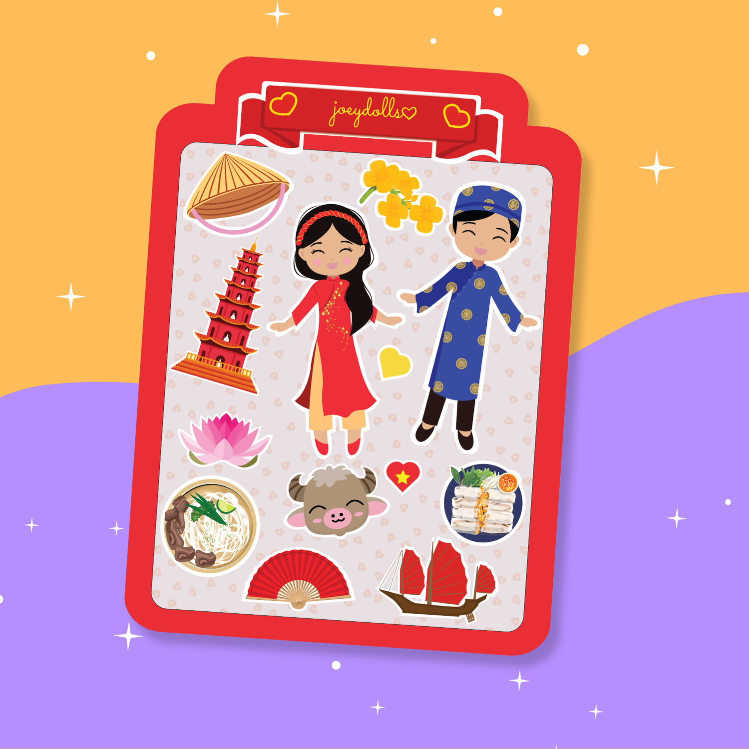 Vietnamese Cultural sticker sheet featuring girls and boys wearing traditional áo dài, along with Vietnamese cultural elements such as bánh mì, pho, lotus flowers, a pagoda, fans, and other festive icons, illustrated in a cute and playful style.
