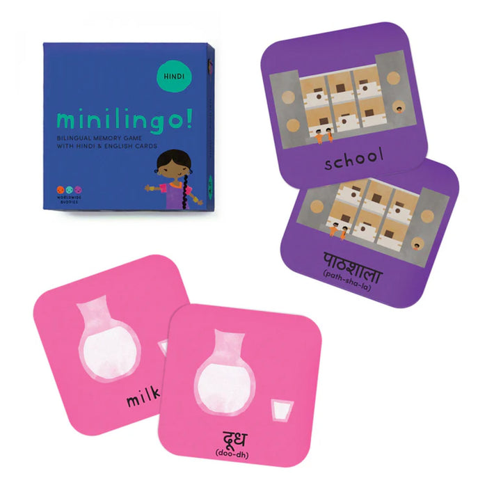 Minilingo Hindi English flashcards with sample pairs showing illustrated vocabulary cards