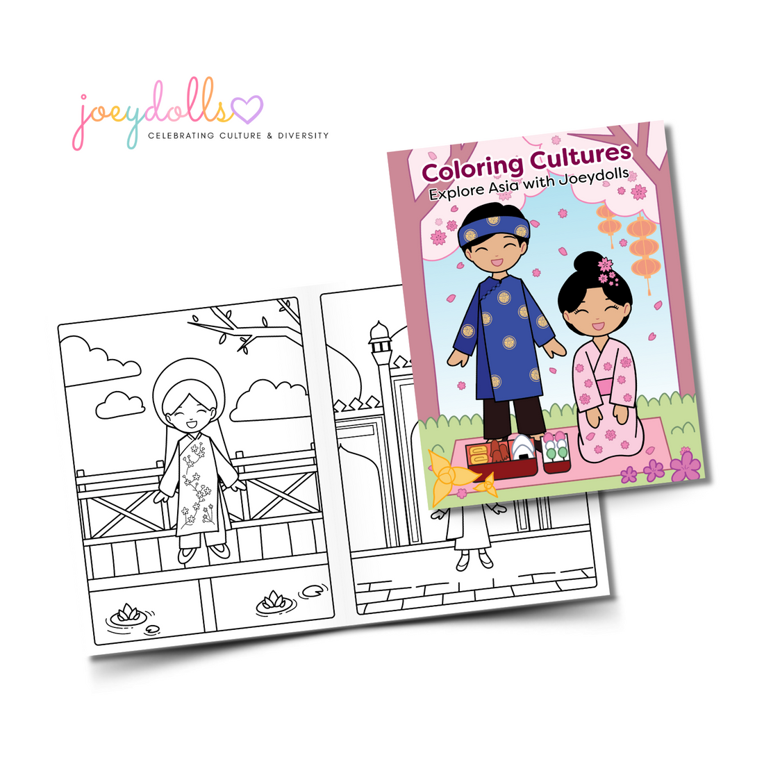 Coloring Cultures activity book cover with sample coloring pages featuring Asian heritage–inspired illustrations.