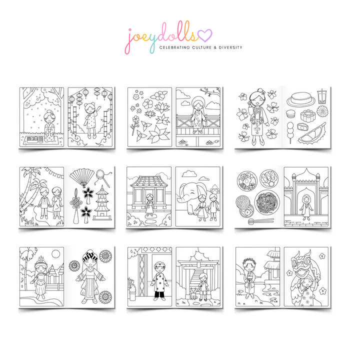 Inside pages of the Coloring Cultures book featuring multiple coloring pages with cultural scenes and activities.