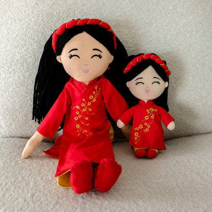Joeydolls Signature Hoa (18-inch) beside Mini Hoa (9-inch), Vietnamese dolls in red áo dài, to compare sizes